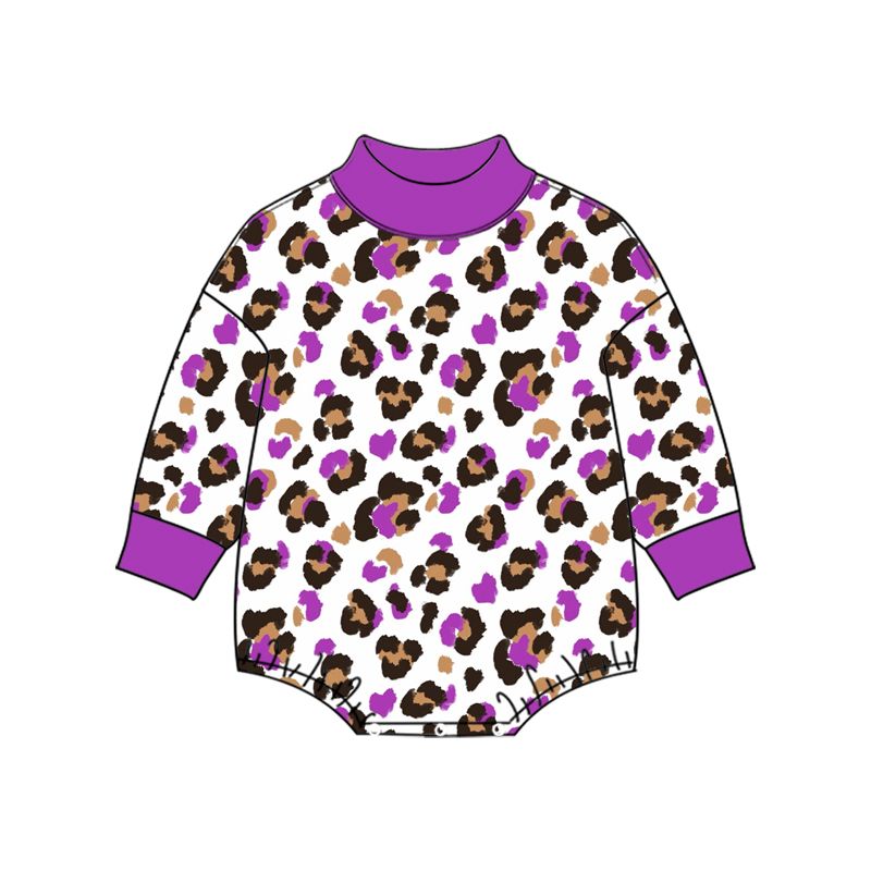 ( Moq 5 )  Preorder Baby Girls Infant Long Sleeves Leopard Bubble Romper Purple Mock Neck‌ Clothes