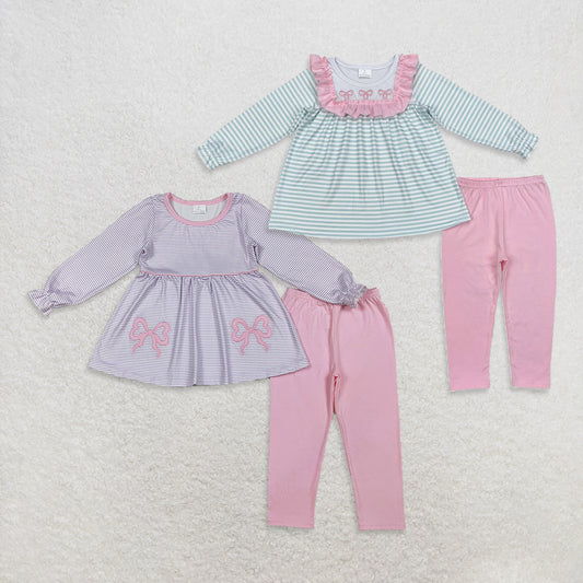 Sibling Girls Kids Long Sleeves Stripes Embroidery Bows Tunic Legging Clothes Set RTS