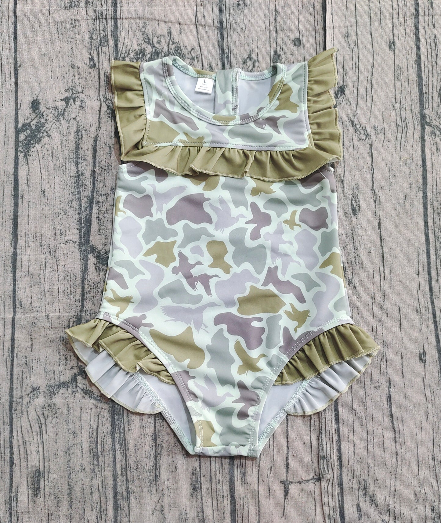 Baby Girls Kids Short Sleeves Ducks Camo Green Ruffle One-piece Swimsuit RTS