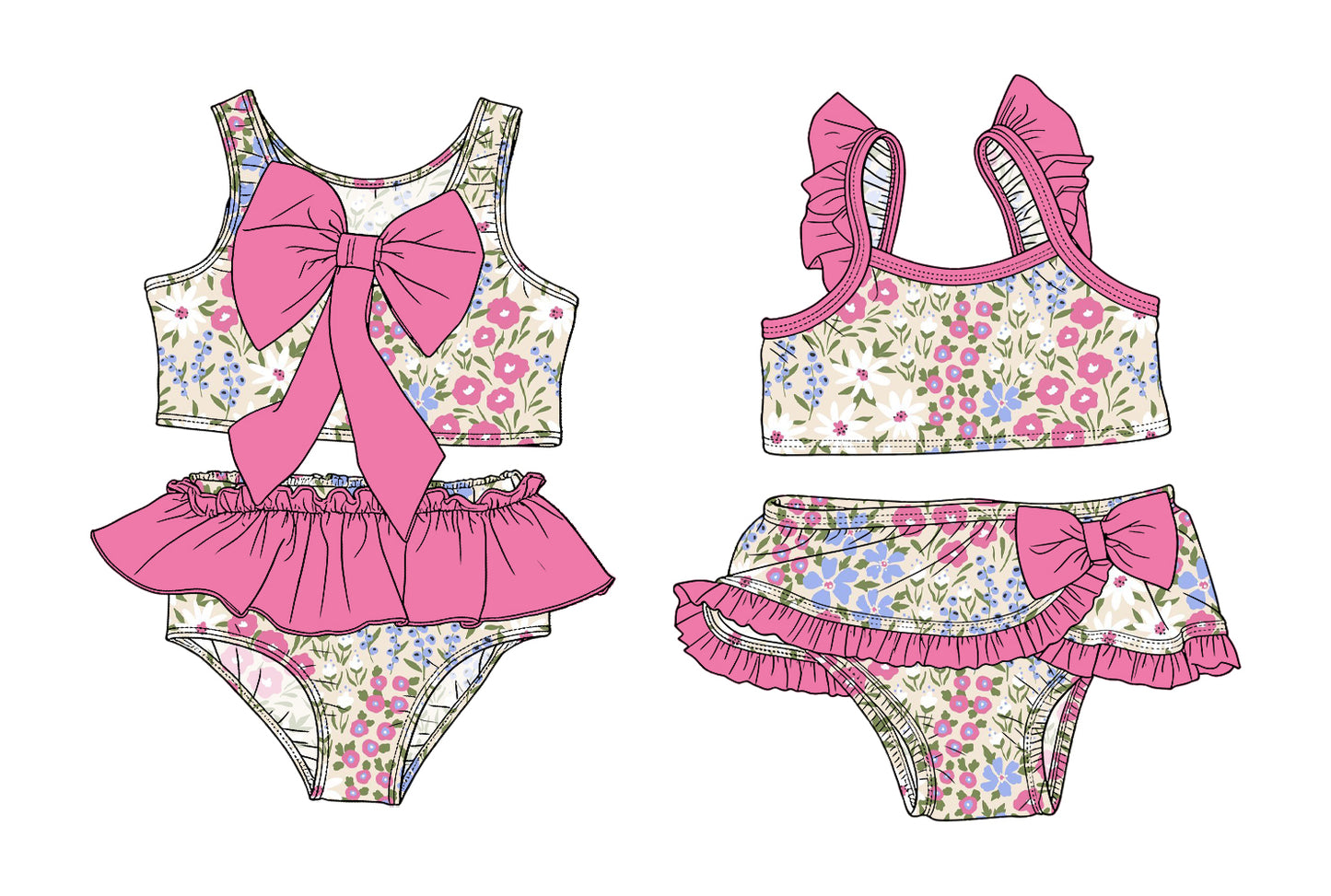 ( Moq 5 Each Style ) Sibling Baby Girls Kids Flower Tops Ruffle Shorts Bows Sets Summer Swimsuits