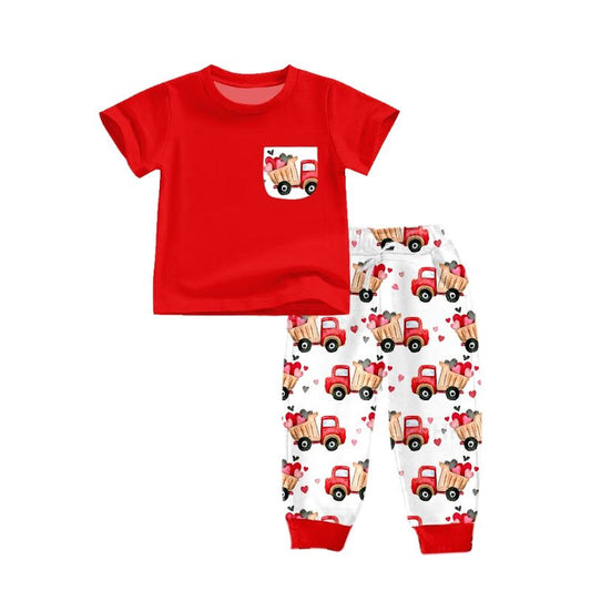 Moq 3 Pre-order BSPO0267 Baby Boy Short Sleeves Shirt Valentine Tractor Pants Set