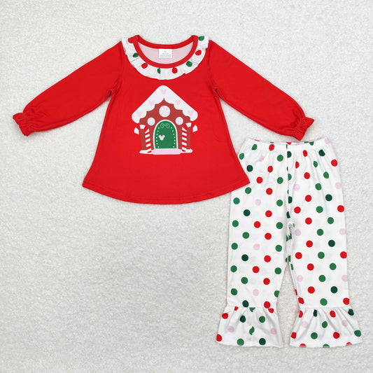 Baby Girl Red Long Sleeves Christmas Cartoon House Tunic Dots Pants Set