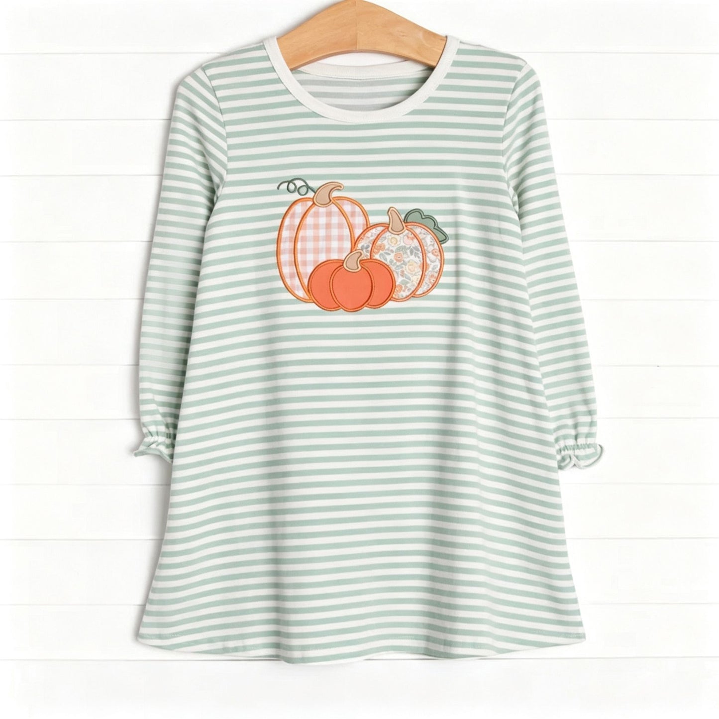 ( Moq 5 ) Preorder Baby Girls Kids Long Sleeves Pumpkins Green Stripes Knee Length Dress Fall Clothes