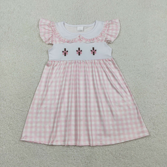 Baby Girls Short Sleeves Embroidery Crosses Easter Pink Plaid Knee Length Dress RTS