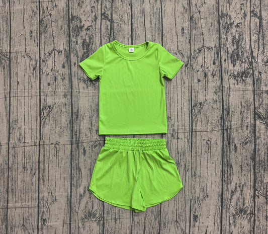 ( No moq ) Preorder Baby Girls Kids Short Sleeves Green Shirt Skirt Shorts Yoga Active Set Clothes