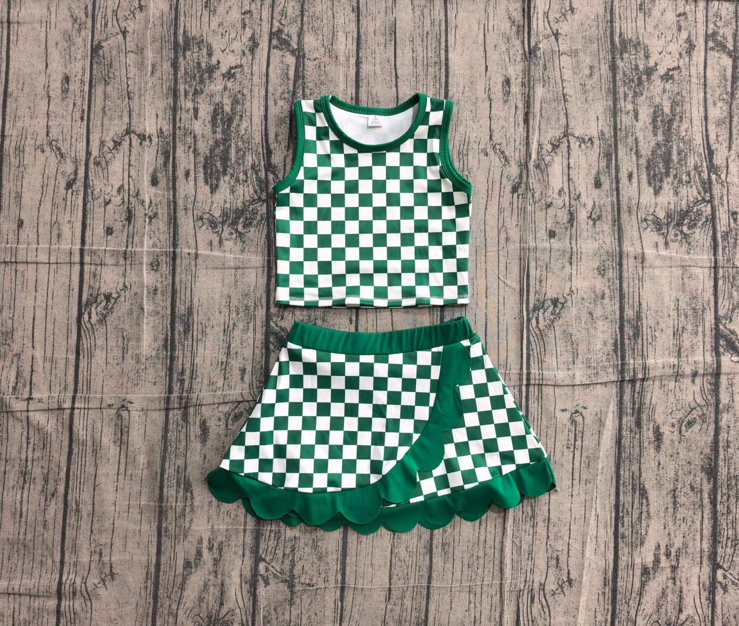 ( No moq ) Baby Girls Kids Green Checked Tops Scallop Skirt Shorts Yoga Active Set Clothes