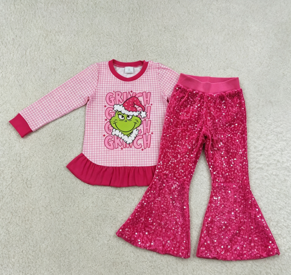 Baby Girl Long Sleeves Christmas Green Face Shirt Pink Sequins Pants Set RTS