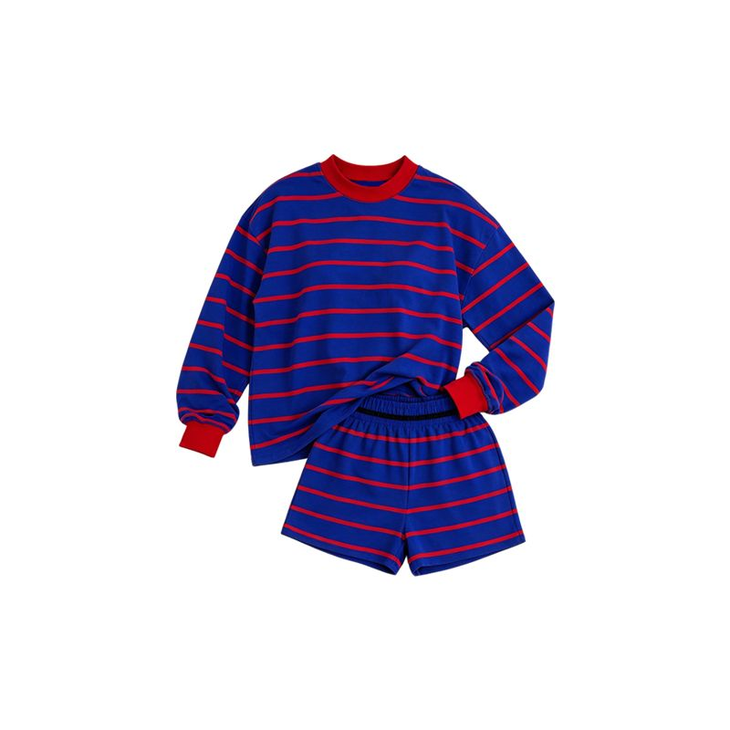 ( Moq 5 ) Preorder Baby Girls Kids Long Sleeves Stripes Shirt Shorts Blue Set Yoga Active Clothes