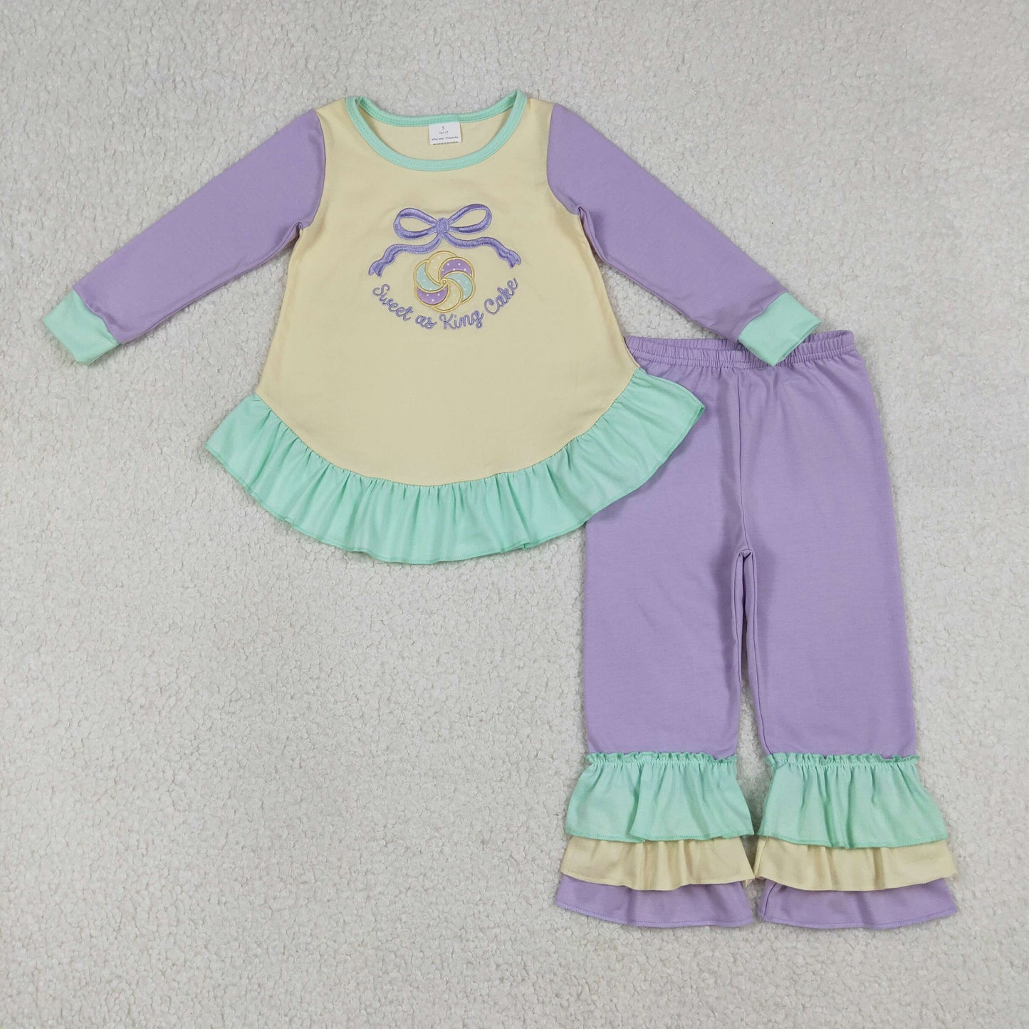 Baby Girls Kids Long Sleeves Embroidery Sweet Cake Bows Tops Ruffle Pants Mardi Gras Set RTS