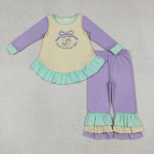 Baby Girls Kids Long Sleeves Embroidery Sweet Cake Bows Tops Ruffle Pants Mardi Gras Set RTS