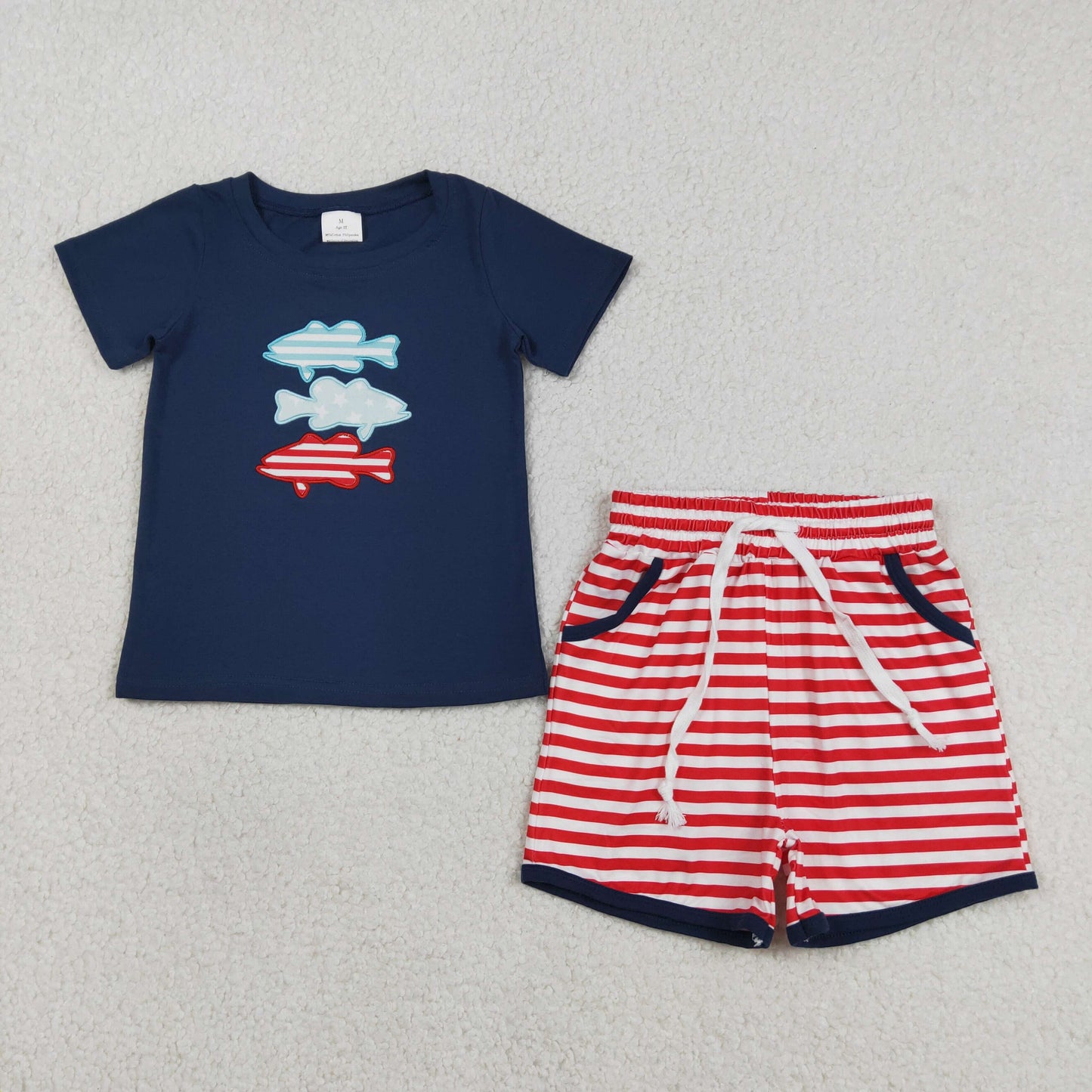 Baby Boys Navy Short Sleeves Embroidery Fish Shirt Stripes Shorts 4th of July Clothes Set RTS