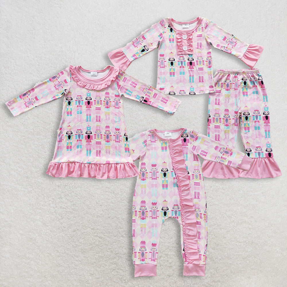 Sibling Baby Girls Long Sleeves  Soldiers Christmas Pink Zipper Romper Dress Set Clothes RTS