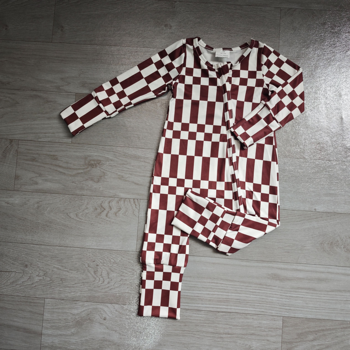 ( No moq )  Preorder Baby Boys Kids Long Sleeves Brown White Plaid Zipper Footie Sleeper Romper Clothes