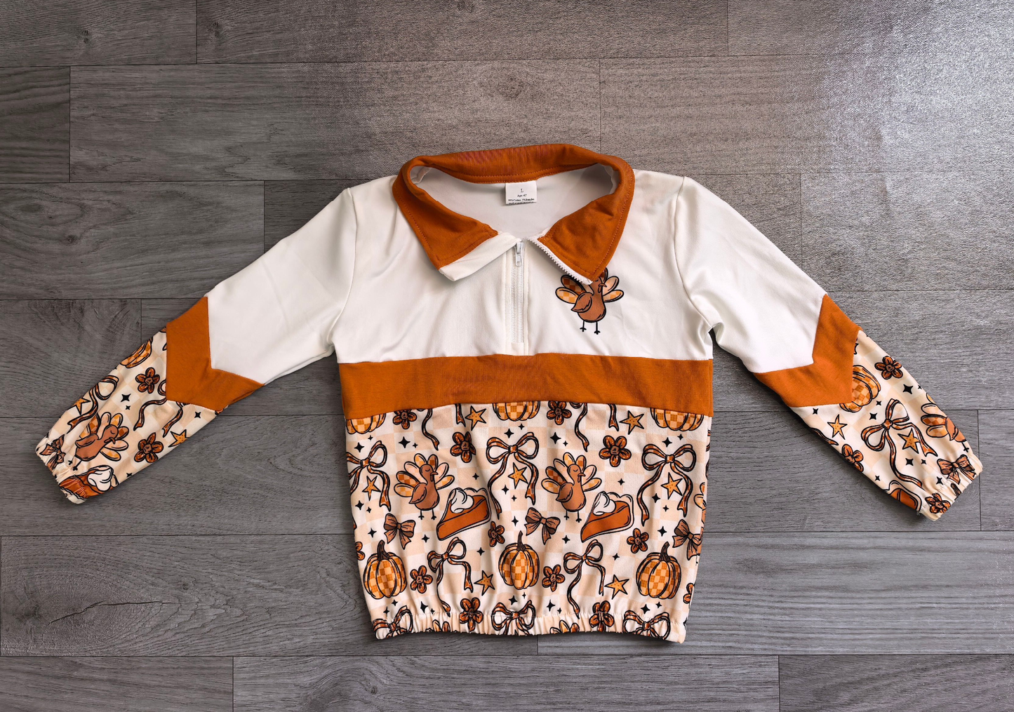 ( No moq ) Preorder Baby Girls Kids turkey Pumpkins Bows Zipper Pullover Shirt Fall Clothes