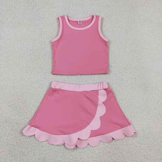 Baby Girls Kids Shirt Scallop Skirt Shorts Yoga Active Pink Set Clothes RTS