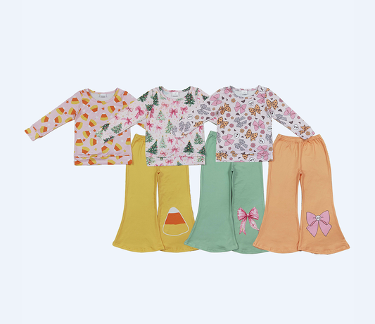 Sibling Baby Girls Kids Long Sleeves Shirts Bell Pants Halloween Sets Christmas Bows Clothes RTS