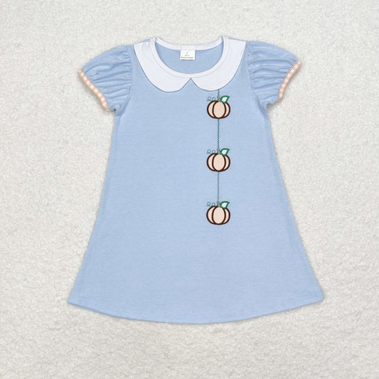 Baby Girl Short Sleeves Embroidery Pumpkin Blue Dress