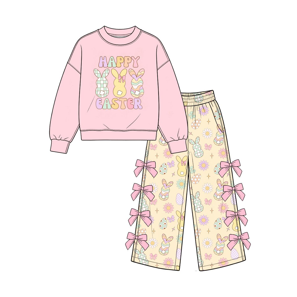 ( Moq 5 ) Preorder Baby Girls Kids Long Sleeves Rabbits Shirt Eggs Bows Pants Set Easter Clothes