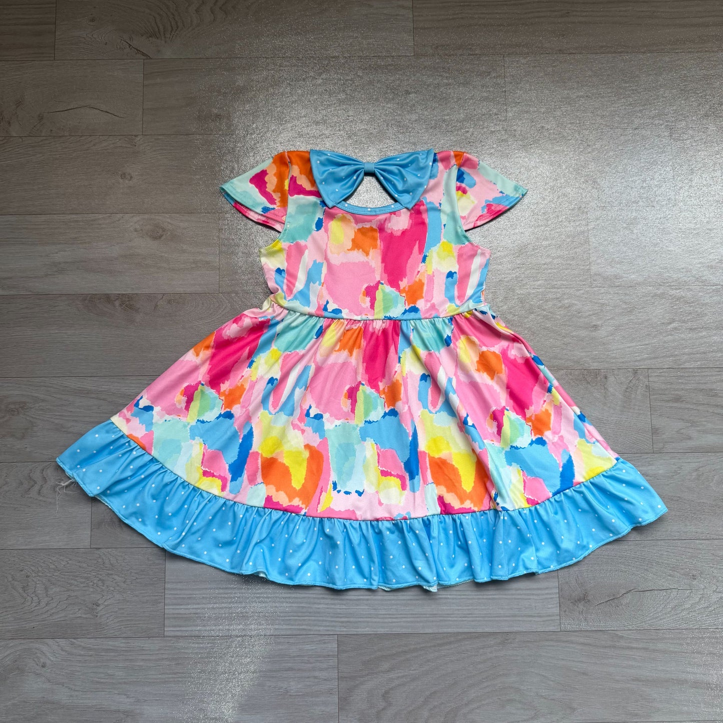 ( No moq ) Preorder Baby Girl Short Sleeves Tie Dye Pockets Ruffle Knee Length Dress