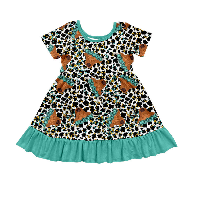 Baby Girl Short Sleeves Cow Turquoise Leopard Western Dress Moq 5