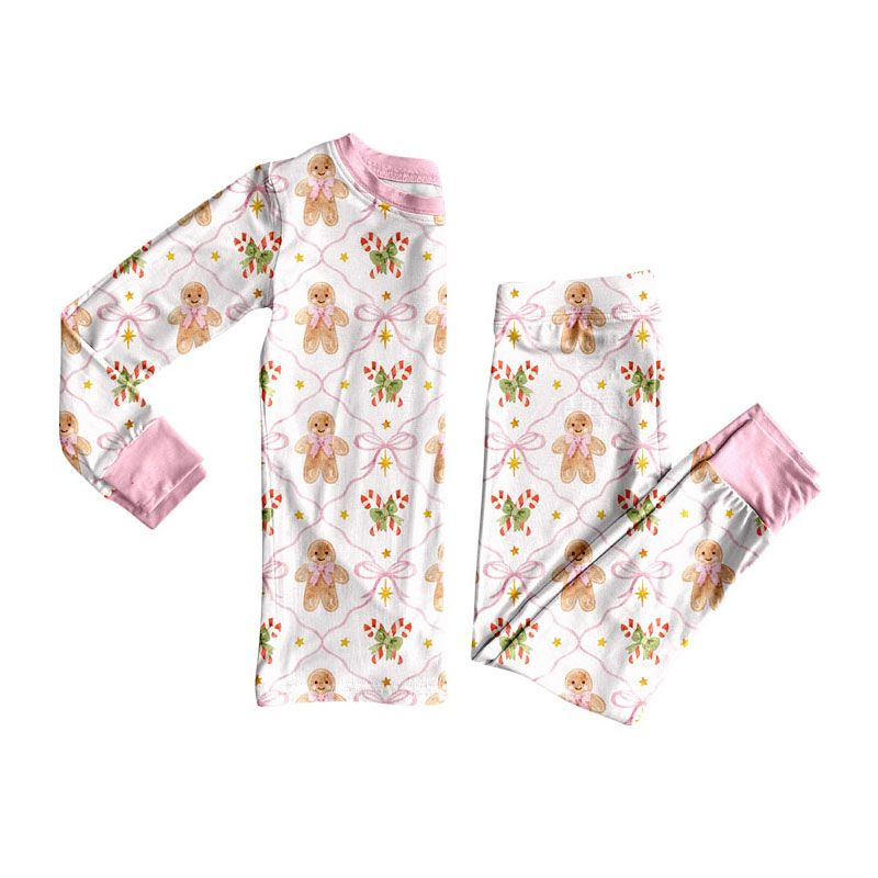 ( Moq 5 ) Preorder Baby Girls Kids Gingerbread Bows Shirt Pants Christmas Set Pajamas Clothes