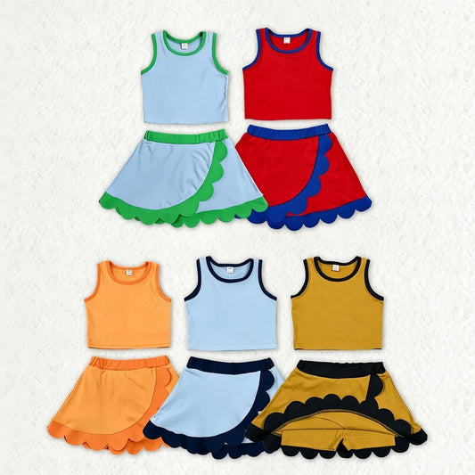 Sibling Baby Girls Kids Sleeveless Shirts Scallop Skirts Shorts Yoga Active Sets Summer Clothes RTS