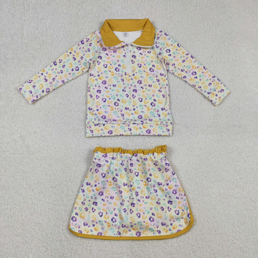 Baby Girls Kids Leopard Zipper Tops Shorts Skirt Skort Mardi Gras Yoga Active Set RTS