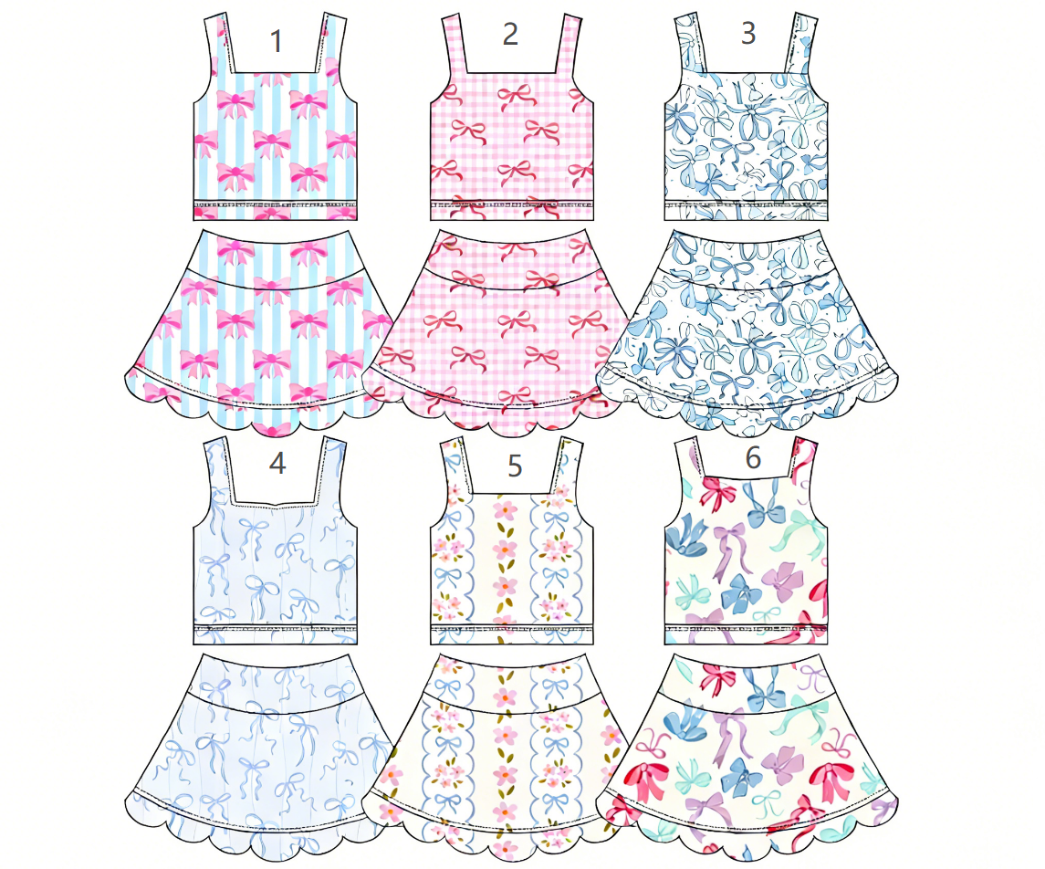 ( Moq 30 Each Style ) Sibling Baby Girls Kids Sleeveless Bows Tops Skorts Scallop Sets Summer Clothes