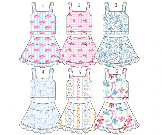 ( Moq 30 Each Style ) Sibling Baby Girls Kids Sleeveless Bows Tops Skorts Scallop Sets Summer Clothes
