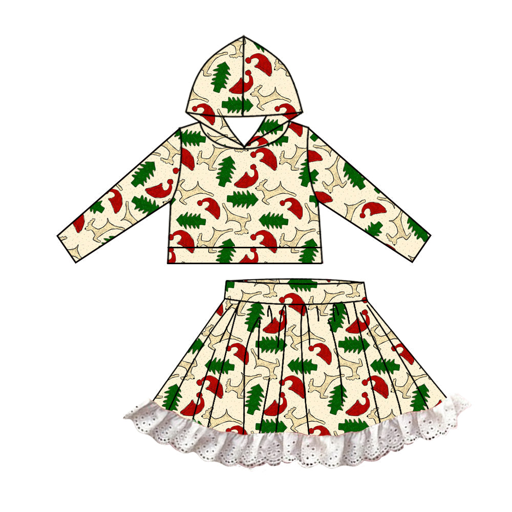 Baby Girl Christmas Tree Deer Hooded Tops Lace Skirts Set