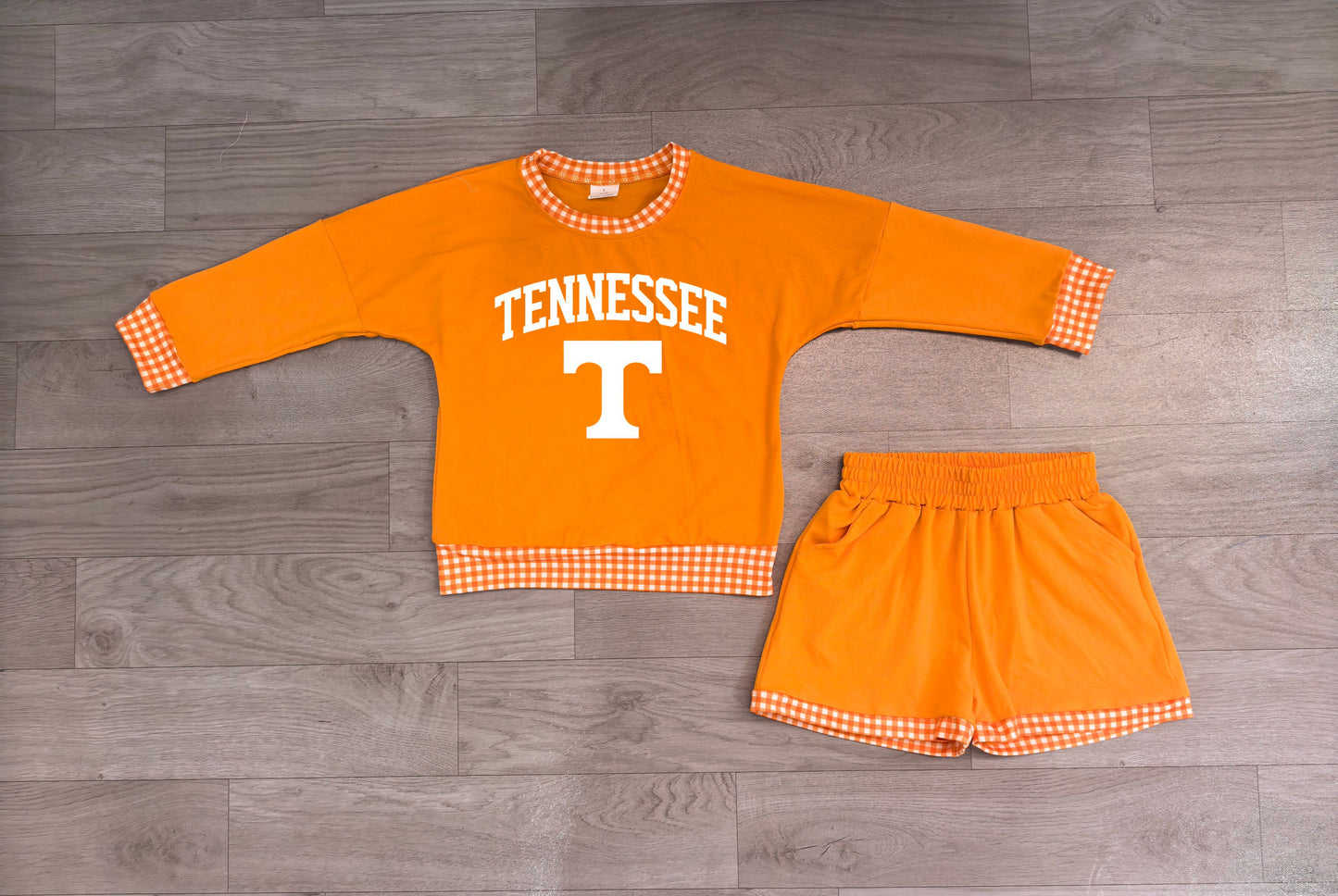 ( No moq ) Preorder Baby Girls Kids Long Sleeves Orange Shirt Shorts Cotton Set Team Clothes