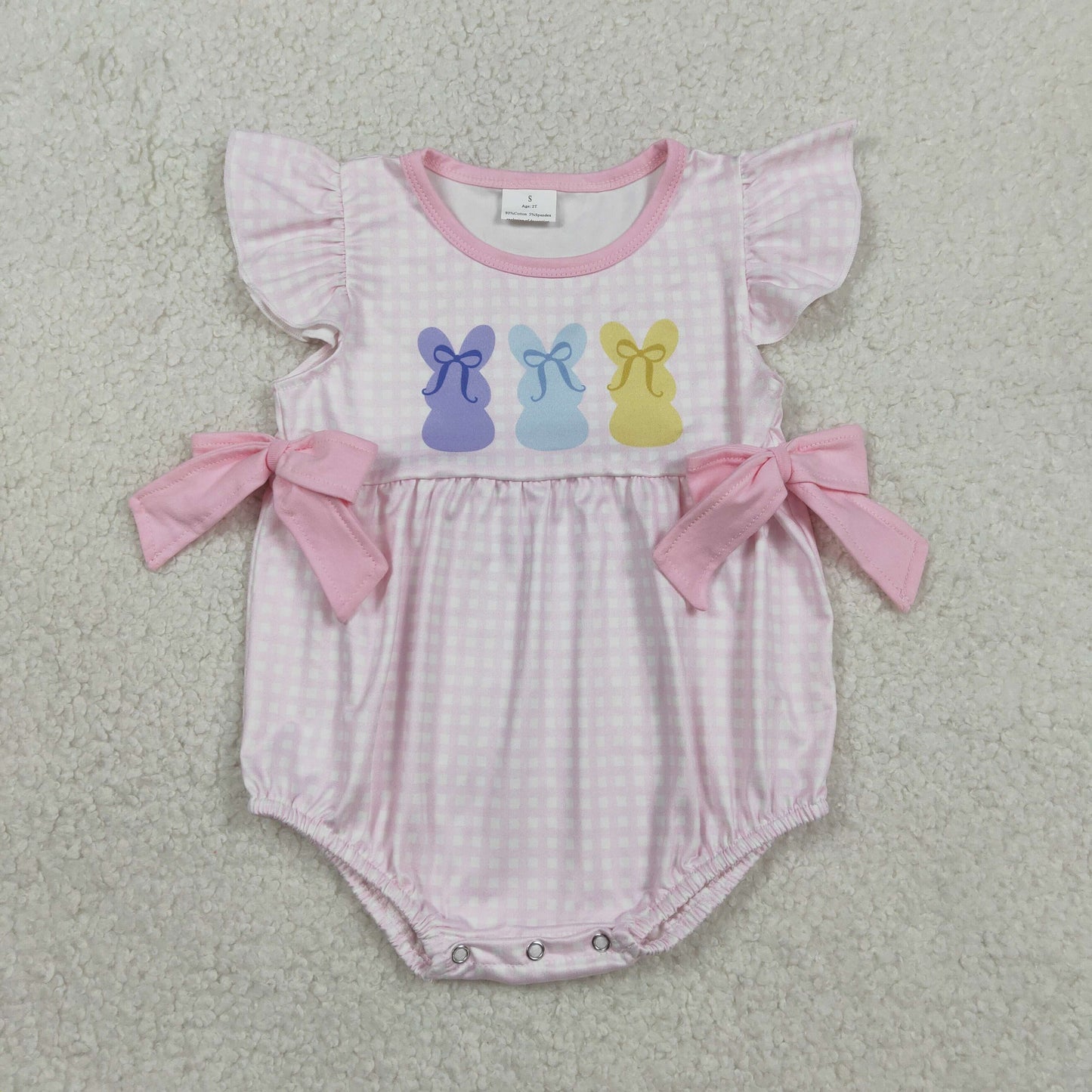 Baby Girls Infant Short Sleeves Rabbits Bows Easter Pink Plaid Bubble Romper RTS