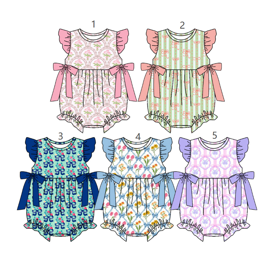 ( Moq 5 Each Style ) Baby Girls Infant Short Sleeves Bows Flower Bubble Rompers Summer Clothes