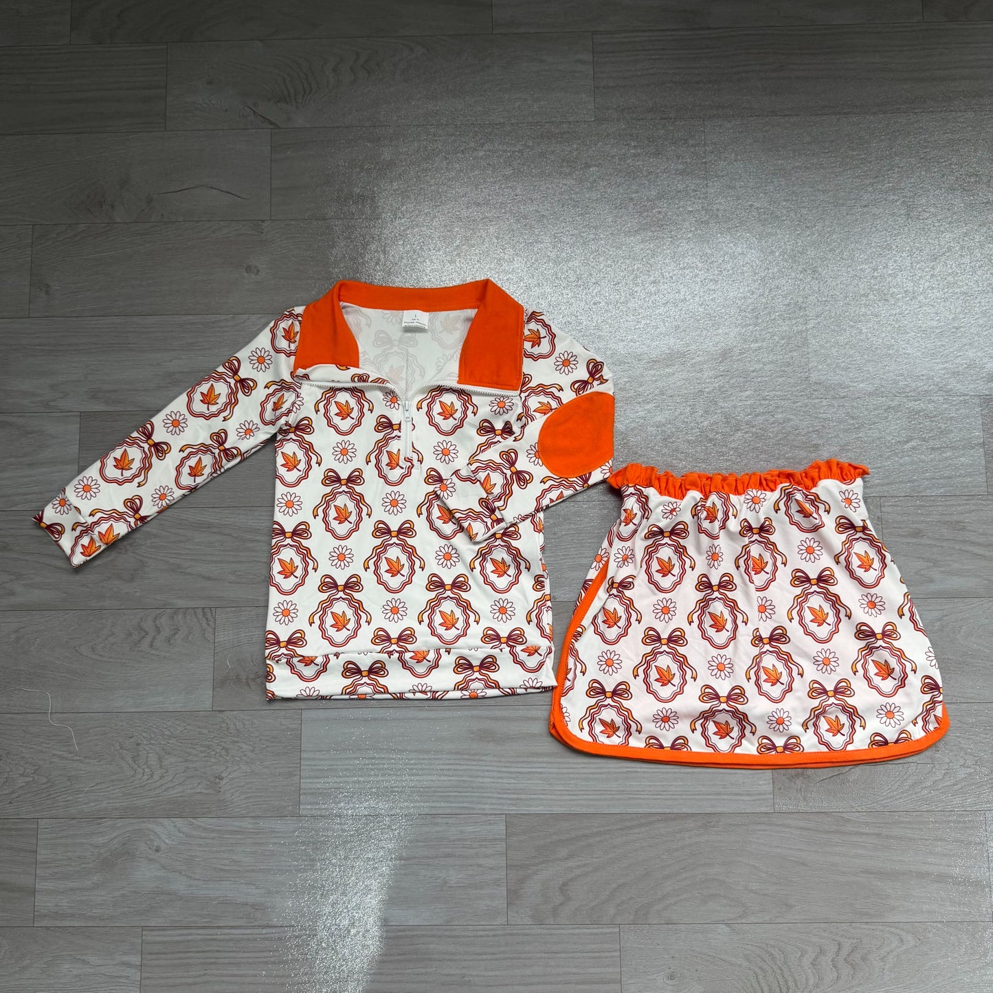 ( No moq ) Preorder Baby Girls Kids Flower Bows Leaves Zipper Shirt Skirt Shorts Set Fall Clothes