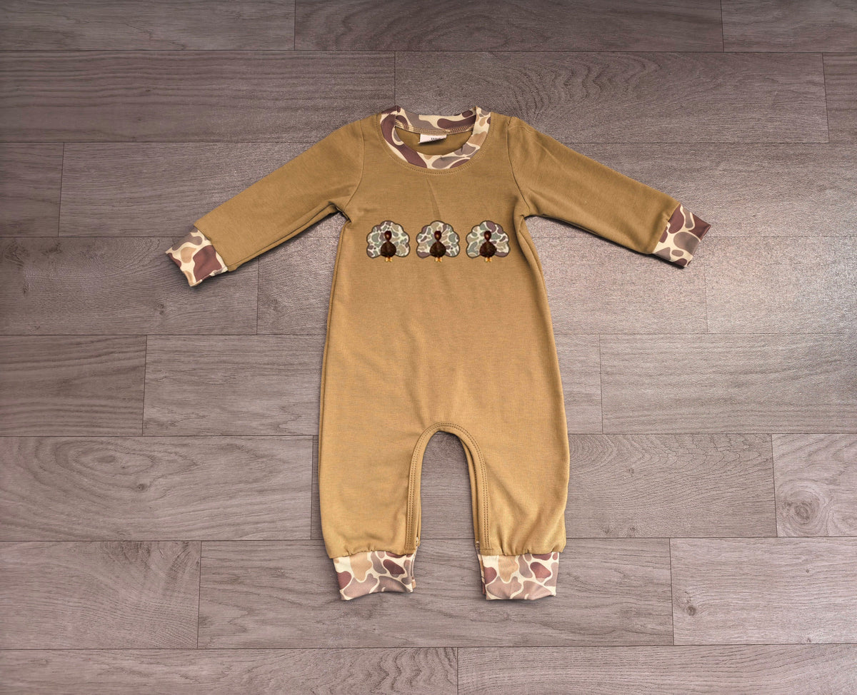 ( No moq ) Preorder Baby Boys Infant Long Sleeve Embroidery Camo turkey Fall Romper Clothes