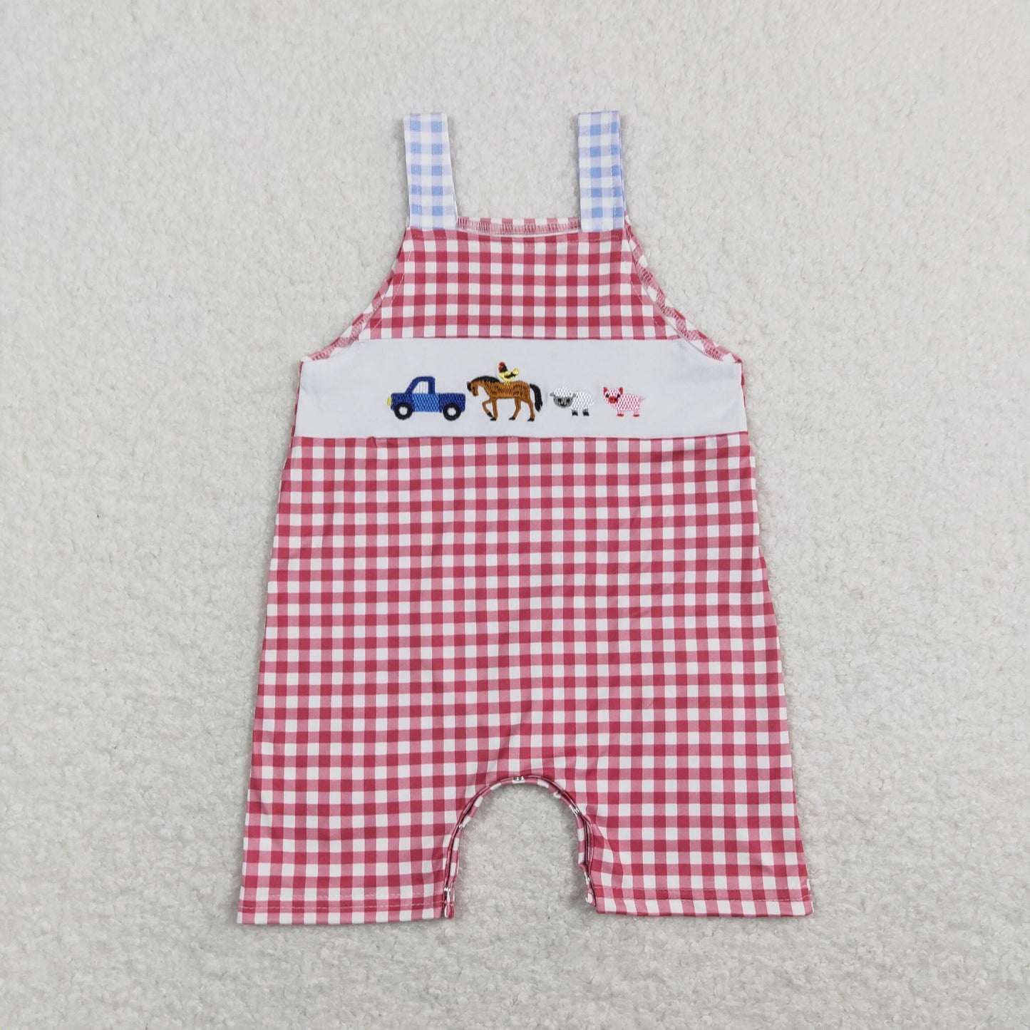 GSSO0516 Baby Boy Embroidery Farm Red Plaid One Piece Romper