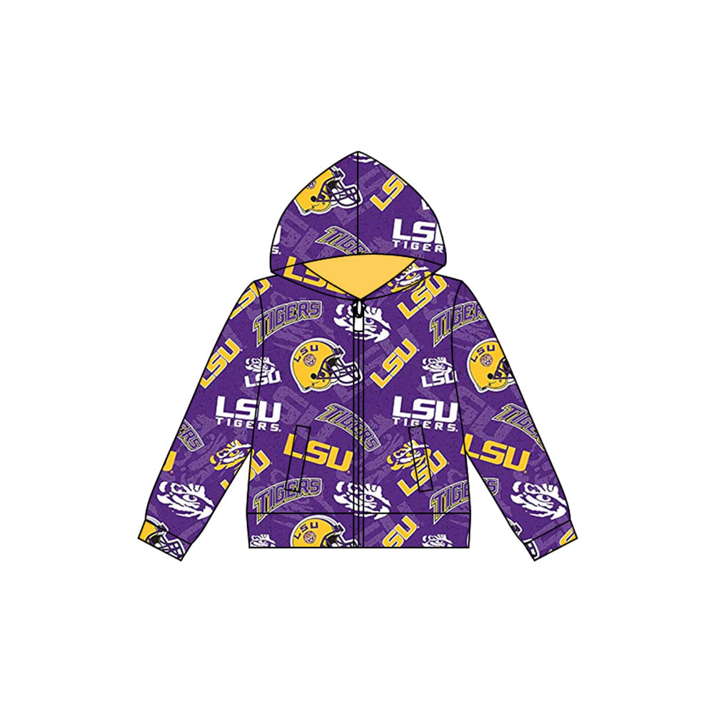 Baby Boy Long Sleeves Tiger Team Hooded Zipper Pocket Purple Coat Shirt Tops Moq 5