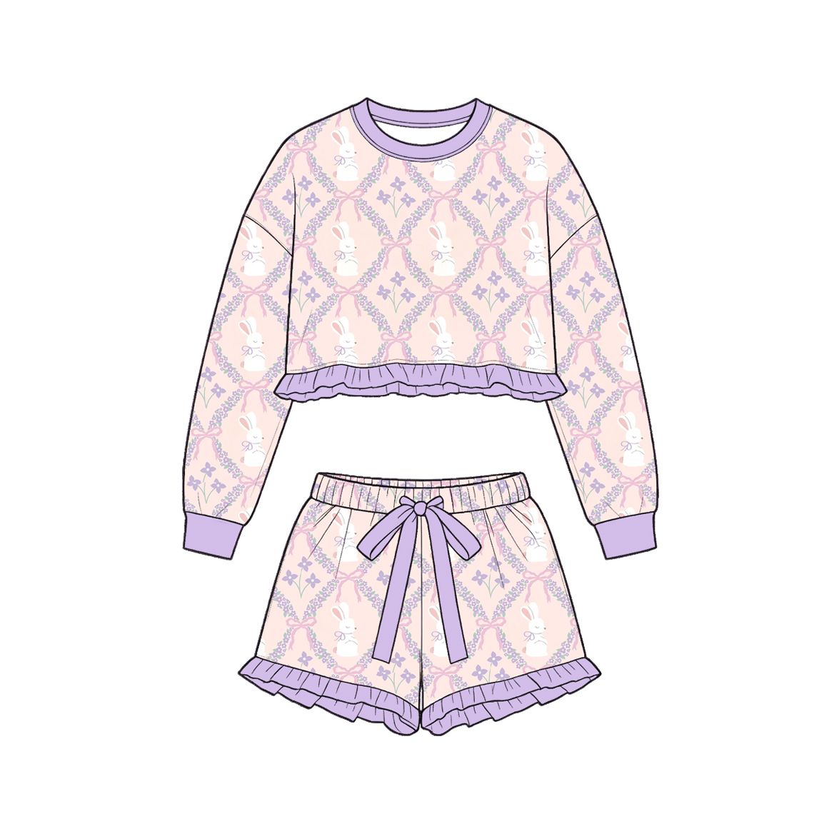 ( Moq 5 ) Preorder Baby Girls Kids Long Sleeves Rabbits Bows Flower Easter Shirt Shorts Set Clothes