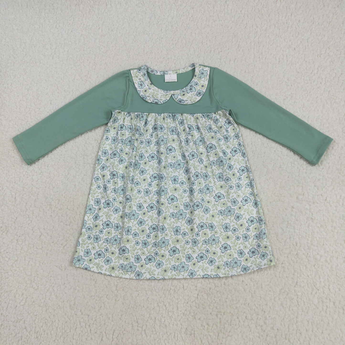 Baby Girl Green Long Sleeves Flower Knee Length Dress RTS