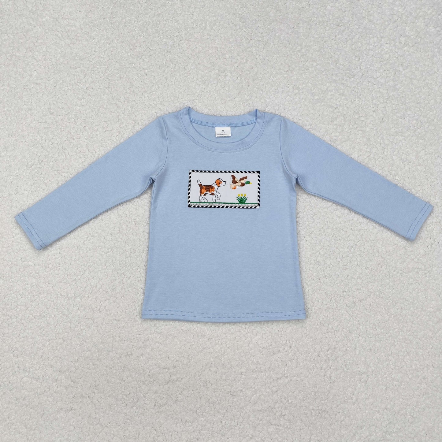 Baby Boy Long Sleeves Embroidery Dog Duck Hunting Tee Shirt