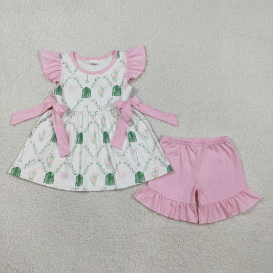 Baby Girls Kids Short Sleeves Golf Floral Bows Tunic Pink Shorts Clothes Set RTS