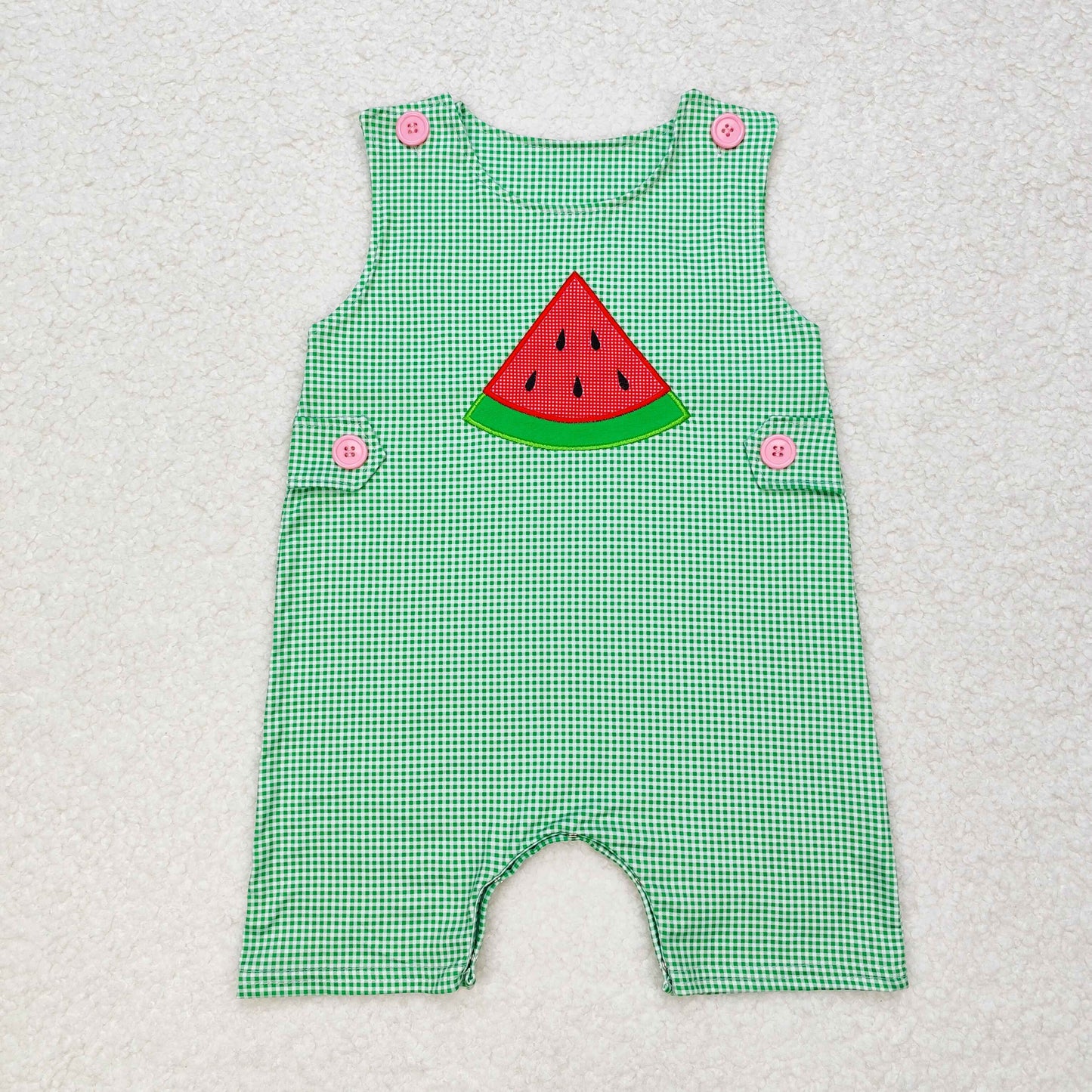 Baby Boy Sleeveless Embroidery Watermelon Green Plaid One Piece Romper