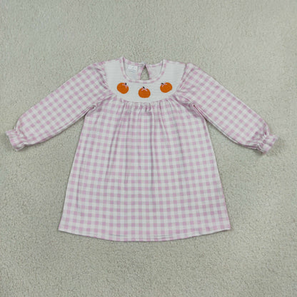Sibling Baby Girls Kids Thanksgiving Embroidery Pumpkins Bows Fall Romper Dresses Pink Plaid Clothes RTS