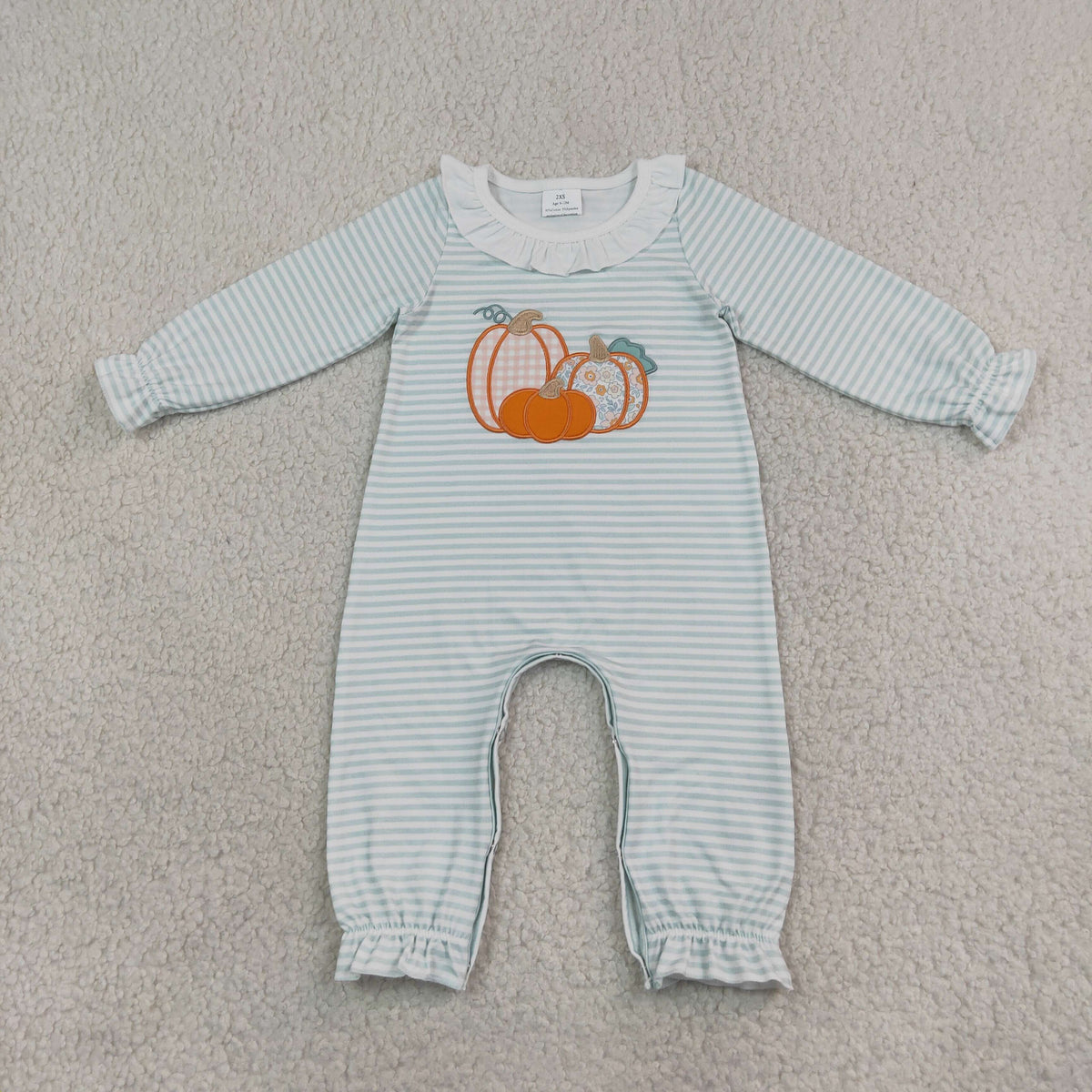 Baby Girl Kids Long Sleeves Embroidery Pumpkins Green Stripes Fall Romper Clothes RTS