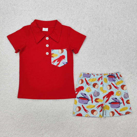 Baby Boy Red Short Sleeves Pocket Buttons Pullover Shirt Crawfish Shorts Clothes Set