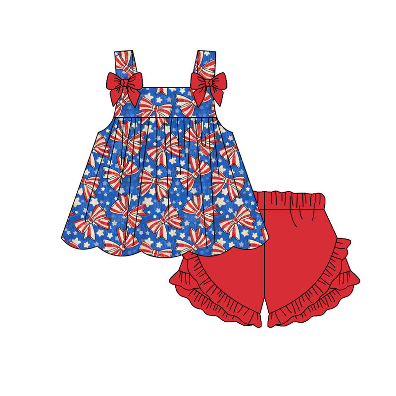 ( Moq 5 ) Preorder Baby Girls Kids Sleeveless Bows Stars Tops Red Shorts Set 4th of July Clothes
