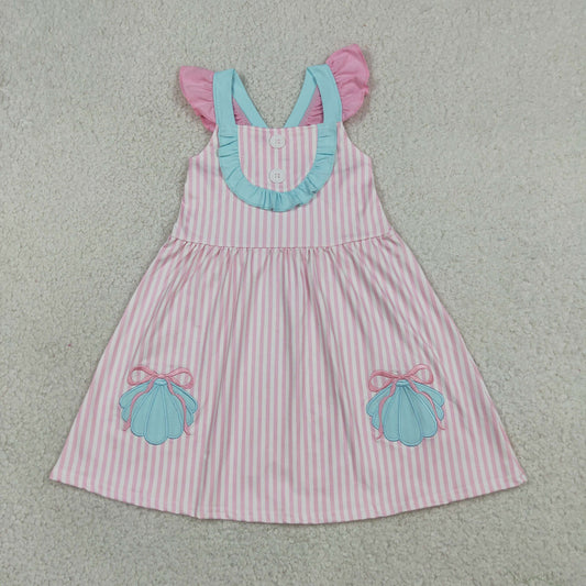 Baby Girls Kids Short Sleeves Embroidery Shell Bows Stripes Ruffle Dress RTS