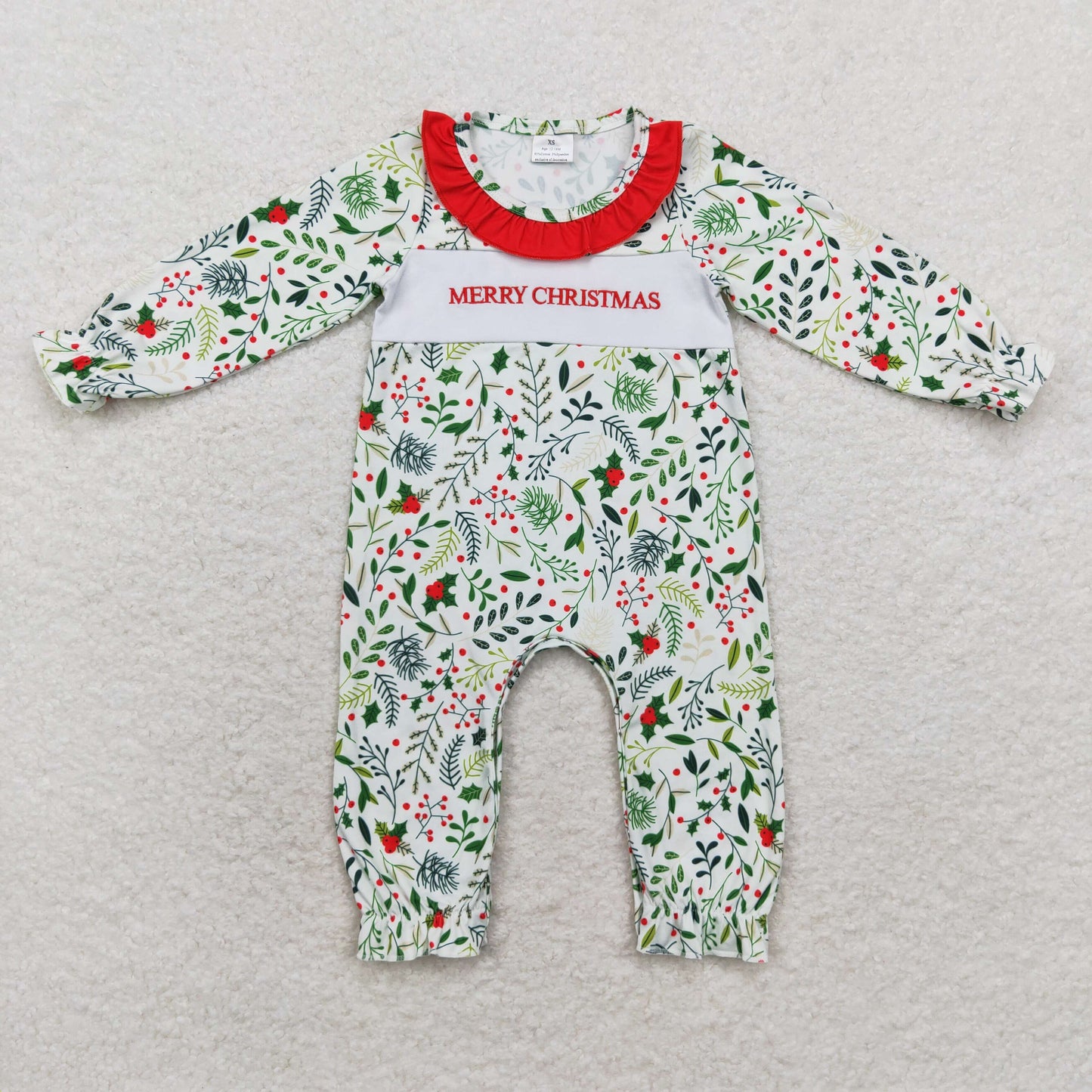 Baby Girl Embroidery Merry Christmas Long Sleeves Flower Romper