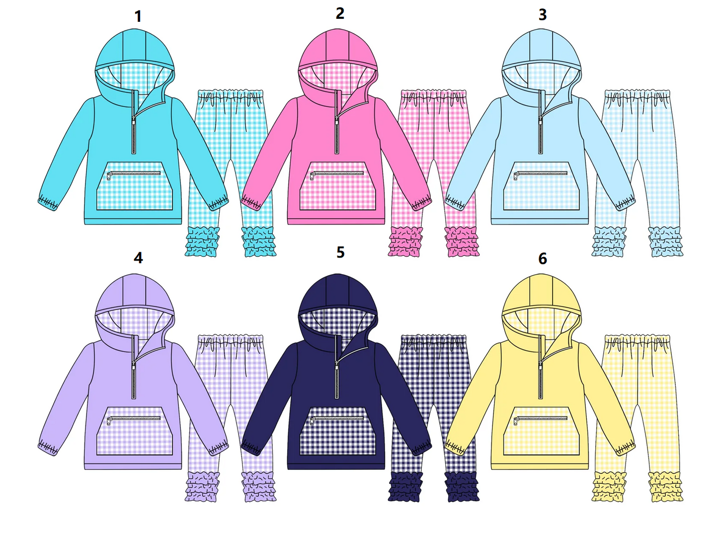( Moq 5 Each Style ) Sibling Baby Girls Long Sleeves Hoodie Zipper Pocket Pullover Ruffle Pants Sets