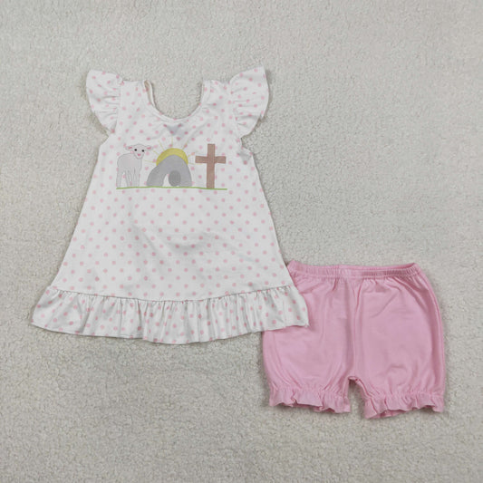 Baby Girls Kids Short Sleeves Cross Dots Bows Tunic Pink Shorts Easter Clothes Set RTS